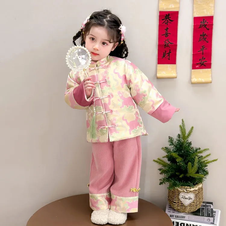 女小童新中式绣花唐装冬季夹棉加厚新年拜年服中国风盘扣年服套装
