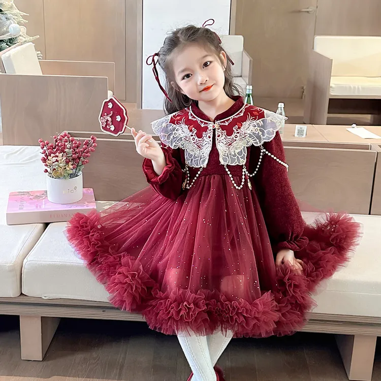 女童红色国风连衣裙秋冬2025新款洋气小女孩新年装儿童网纱公主裙
