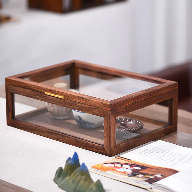 北美黑胡桃五面玻璃盒透明防尘收纳盒茶桌桌面茶具陈列透明展示盒