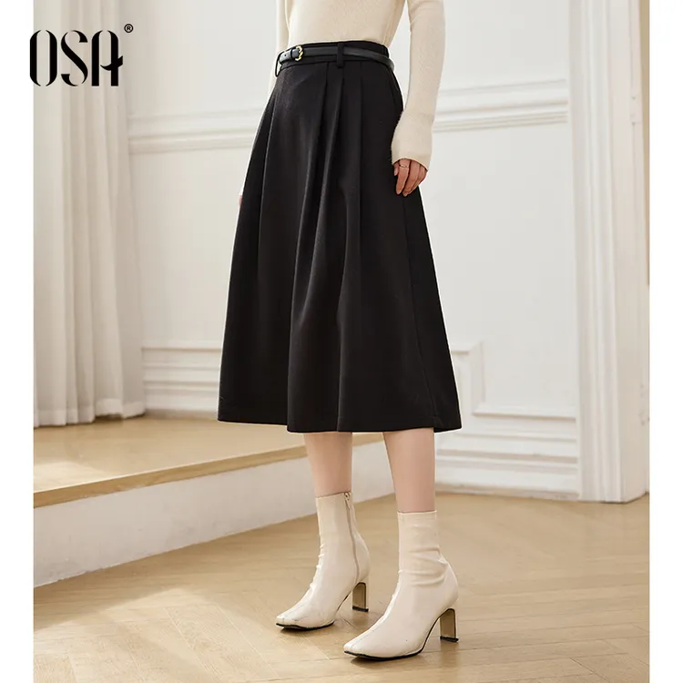 【OSA/欧莎】【加分小黑裙】高腰a字半身裙女伞裙S123D51006