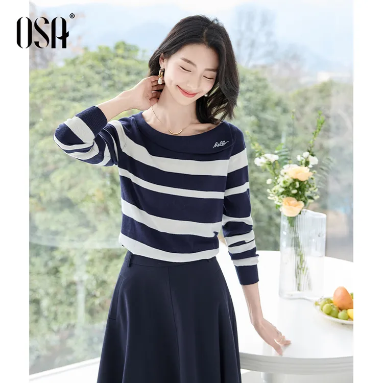 OSA/欧莎撞色条纹长袖针织衫毛衣女时尚百搭气质衣服S124A16037