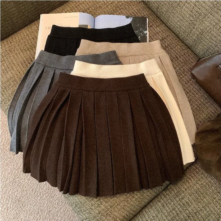 秋季美拉德棕色针织半身裙韩系学院风百搭A字高腰显瘦短裙百褶裙