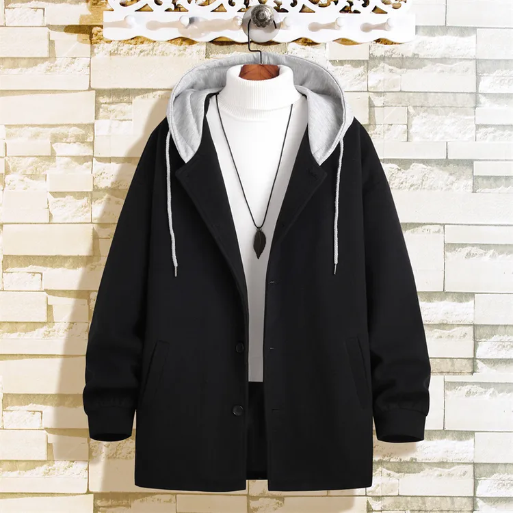连帽毛呢大衣男生春秋新款潮牌拼接夹克港风宽松简约纯色呢子风衣