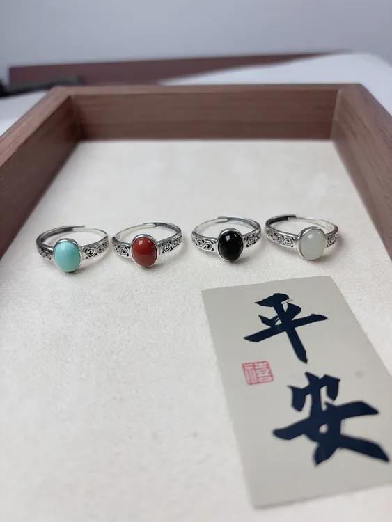 925银银制品 纯银精致椭圆民族风海浪边红黑蓝玉色戒指简约气质