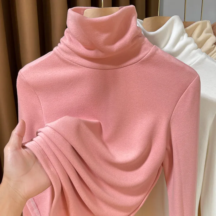 粉色德绒堆堆领打底衫女爆款加绒加厚高端磨毛内搭长袖T恤女款