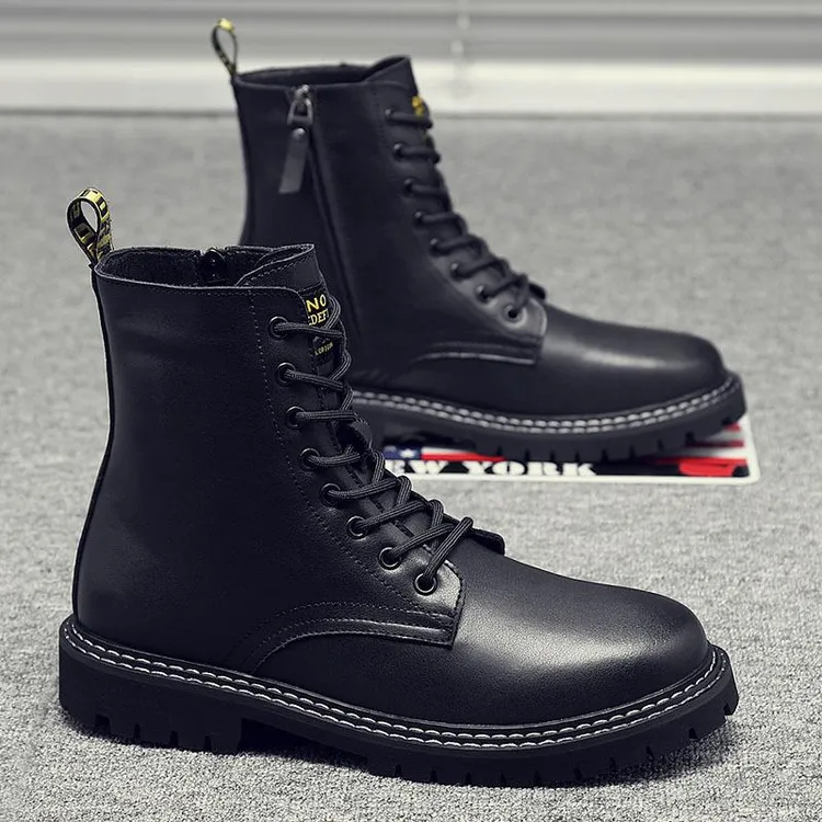 法莎尼亚马丁靴男款英伦风高帮皮鞋黑色厚底工装皮靴拉链真皮靴子