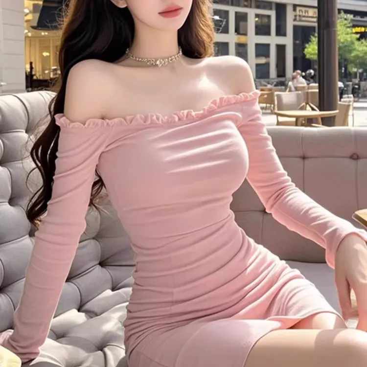 新款纯欲风粉色木耳边一字肩连衣裙女洋气甜辣妹收腰显瘦包臀短裙