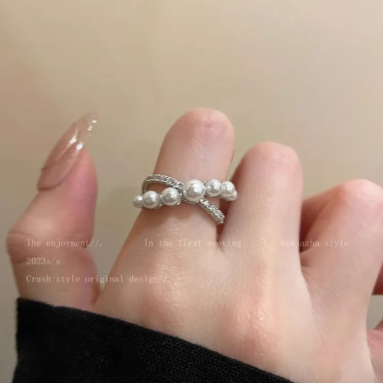 铜合金戒指 法式珠珠交叉设计可调节戒指女时尚百搭高级感食指环