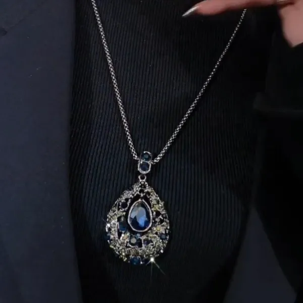 钛钢项链 蓝色水滴长款轻奢毛衣链女2023年新款秋冬重工气质项链