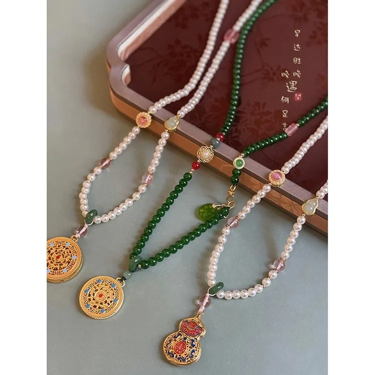 铜合金项链 新中式复古圆牌串珠项链马面裙汉服旗袍民族风毛衣链 