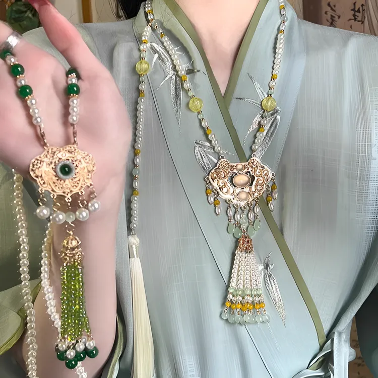 铜合金项链 古风汉服璎珞流苏长背云平安锁国风新中式马面裙配饰 