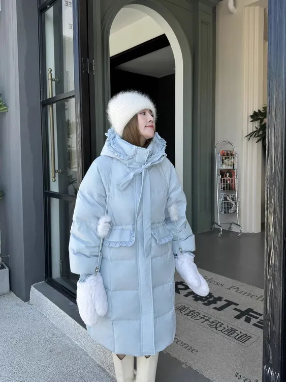 韩版荷边叶连帽中长yurong 女2024年秋冬季时尚加厚外套女