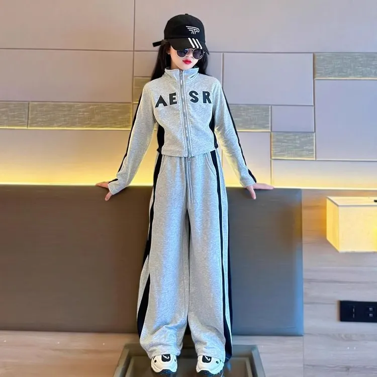 女童春秋套装2025新款休闲运动服两件套大童女孩修身酷帅时髦春装