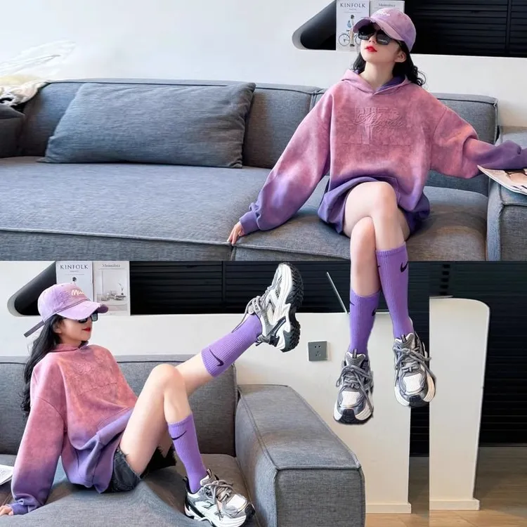 女童连帽卫衣2025新款初中生儿童春秋上衣潮酷穿搭女大童秋装衣服