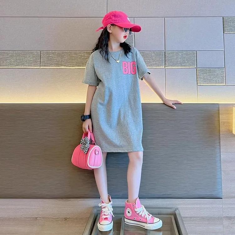 女童短袖中长款2025夏装新款连衣裙中大童女孩网红上衣T恤裙洋气