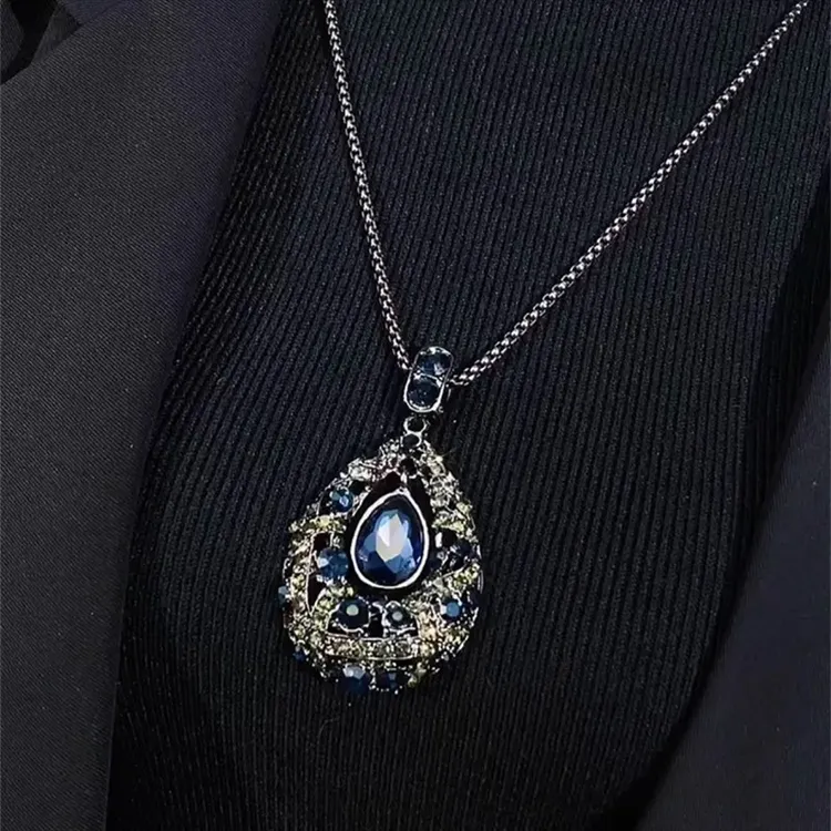 钛钢项链 重工蓝色水滴气质百搭高端大气秋冬毛衣链长款项链女潮