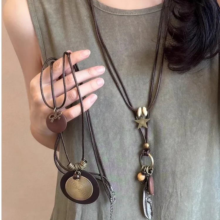 铜皮质项链 新中式禅意长款羽毛项链女复古民族风叠戴毛衣链配饰 