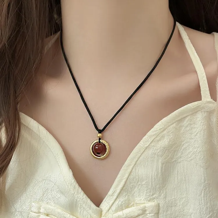 非金属布艺项链 时来运转平安扣红珠项链女生编织绳毛衣链锁骨链
