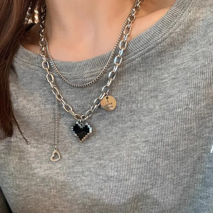 钛钢项链 爱心项链女双层小众轻奢嘻哈不掉色卫衣链甜酷毛衣链潮