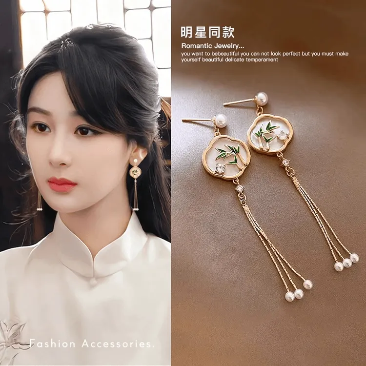 铜合金耳饰 新中式翠竹珠珠流苏耳环女轻奢高级感耳钉国风耳饰潮