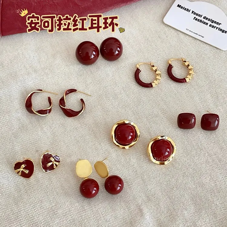 铜合金耳饰 安可拉红色耳钉女秋冬复古港风气质高级感耳环耳饰潮