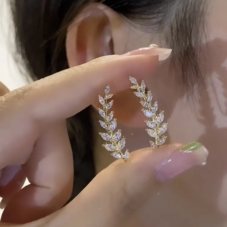 铜合金合成锆石耳饰 轻奢锆石麦穗一体式耳排耳环设计感树叶耳钉