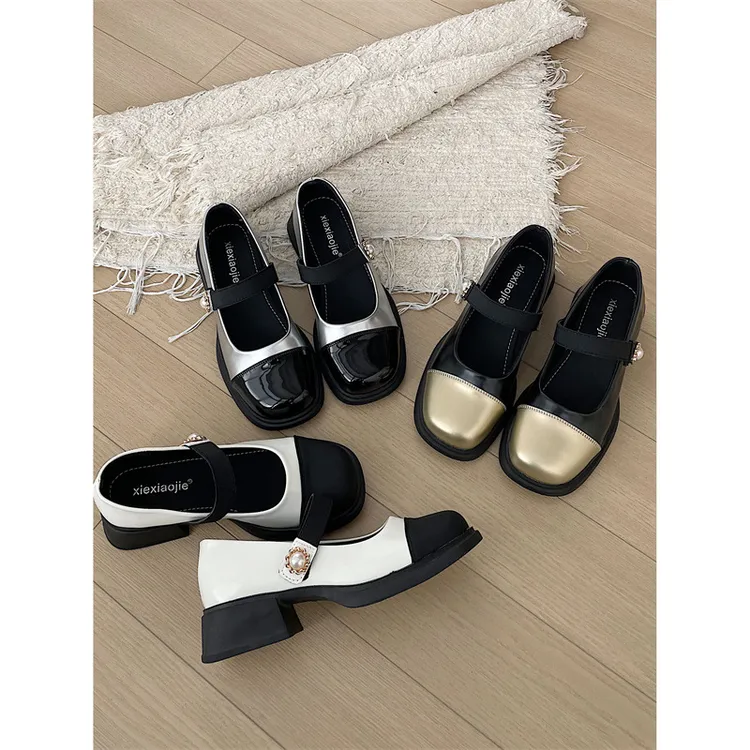 银色法式配裙子浅口平底单鞋女2024新款春秋小香风内增高玛丽珍鞋