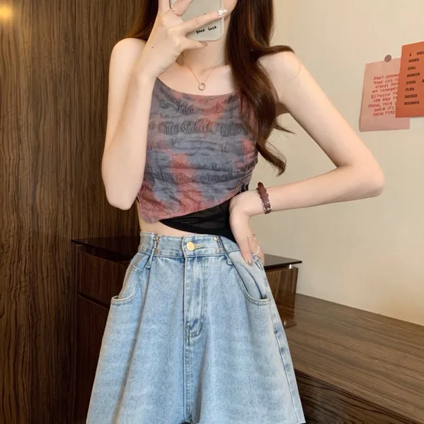 韩风设计感辣妹拼色扎染背心吊带2024夏季新款法式修身上衣女装