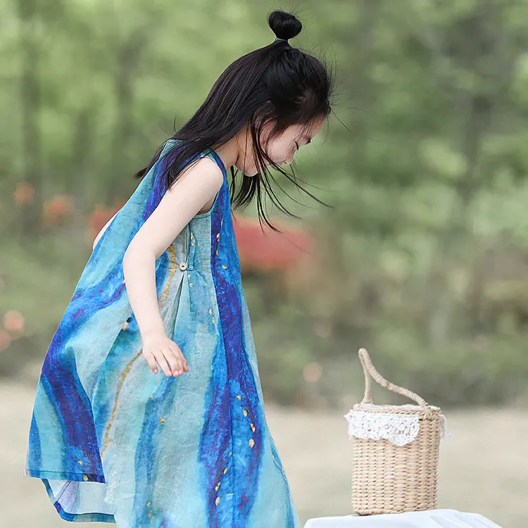 2025夏季新款女童洋气清凉无袖背心裙扎染蓝简约公主裙度假风潮
