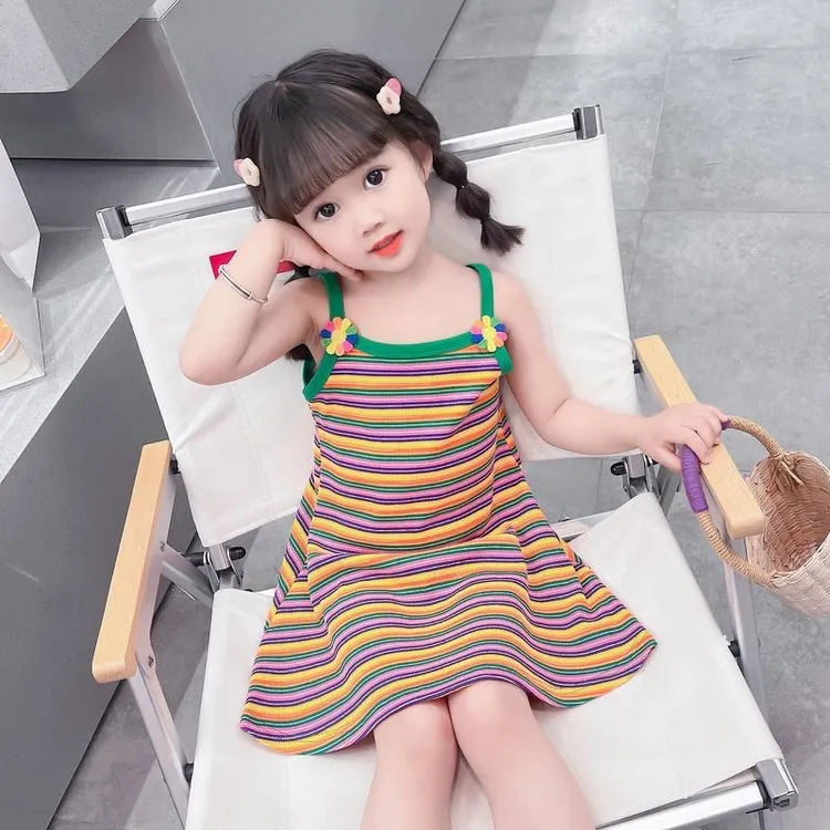女童吊带连衣裙2024新款洋气儿童条纹背心裙小童宝宝夏装公主裙子