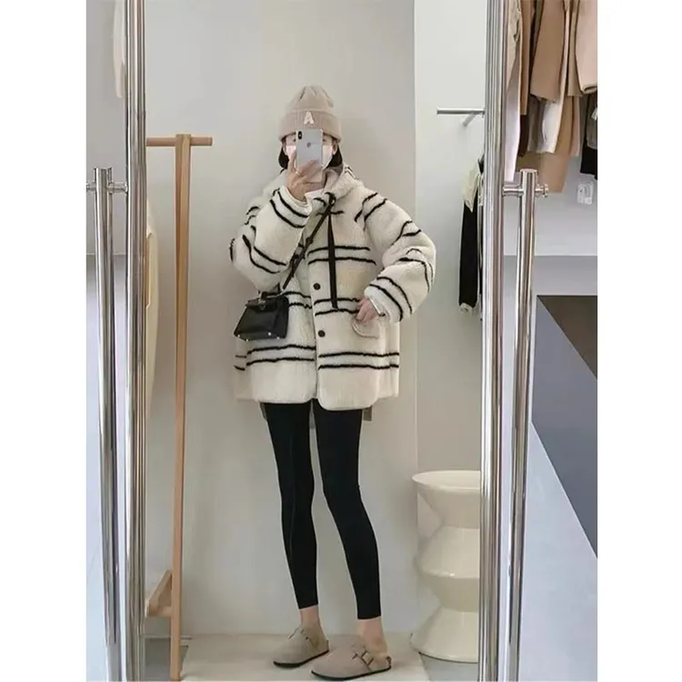 【断码清仓】外套女宽松慵懒风撞色洋气长袖针织连帽上衣秋冬气质