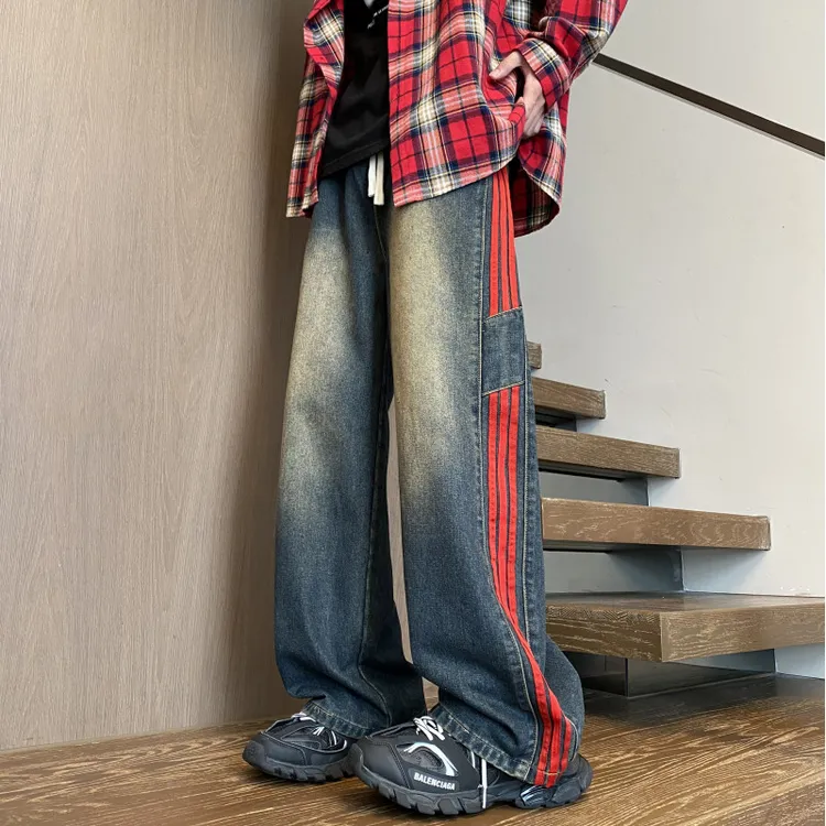 美式条纹水洗直筒牛仔裤男士秋季宽松阔腿直筒裤高街日常穿搭长裤