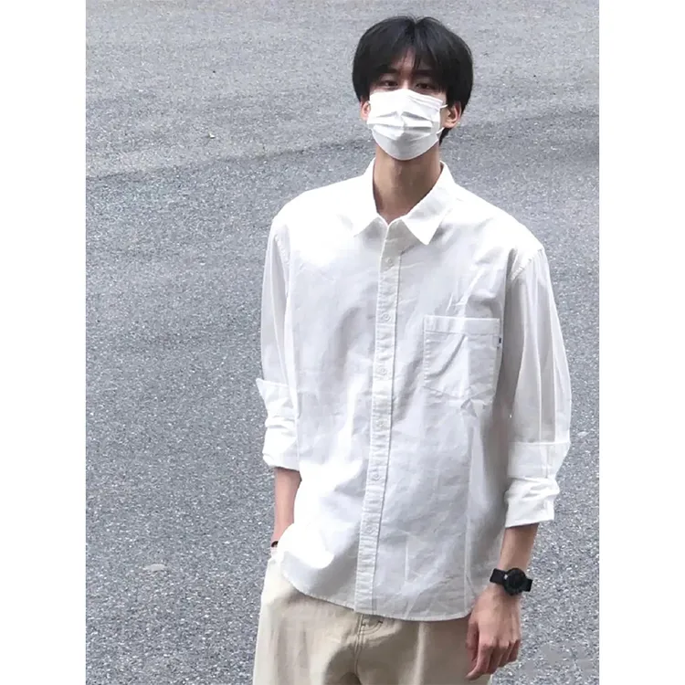纯棉白色长袖衬衫男春秋新款简约叠穿黑衬衣潮流百搭纯色宽松外套