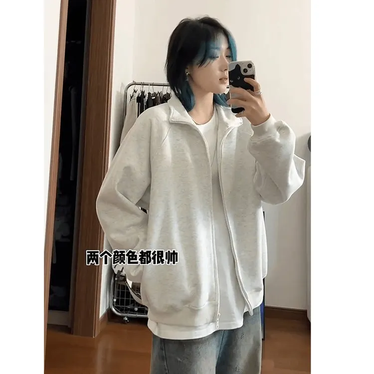 纯色休闲外套男秋季新款白花灰开衫卫衣美式高街潮牌宽松立领上衣