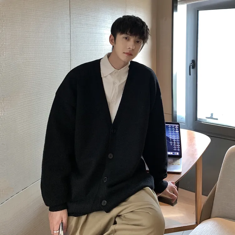 慵懒风毛衣男款秋冬季宽松休闲外穿针织开衫美式复古衬衫套装外套