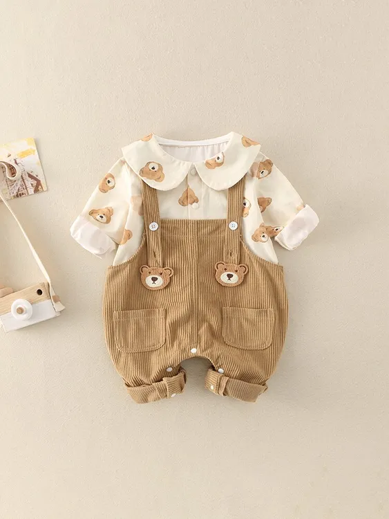 M【背带熊两件套】2024春款婴幼儿男女宝宝韩版两件套连体外出爬服