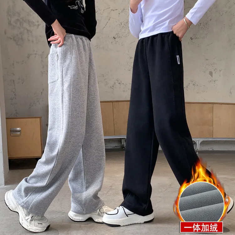 女童黑色阔腿裤冬季加厚加绒裤子2024新款女孩中大童冬款直筒卫裤