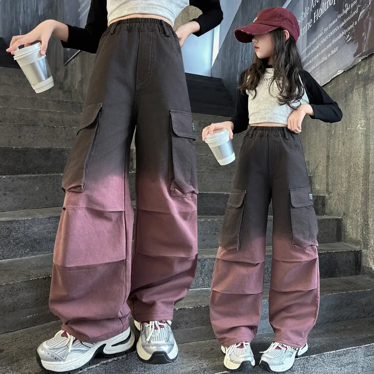 女童工装裤春秋款2024新款儿童秋装女孩渐变长裤子秋季大童休闲裤