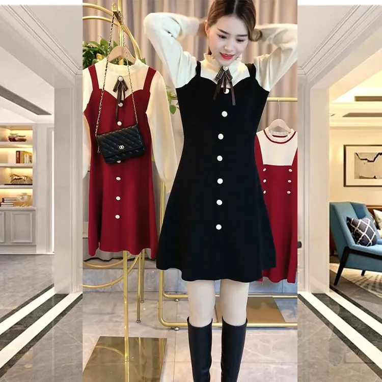 新款法式针织连衣裙假两件秋冬时尚大气韩版洋气加厚收腰毛衣裙