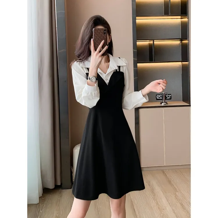 连衣裙2025新款女法式气质衬衫连衣裙设计感小众复古假两件长裙子