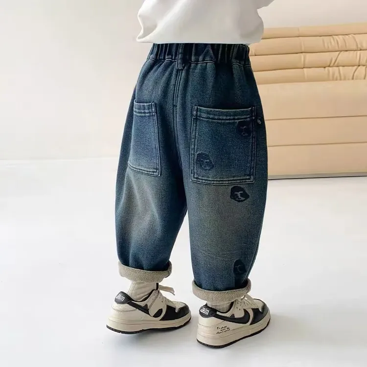 儿童加绒牛仔裤男童裤子秋冬款2024新款女童加绒加厚宝宝百搭裤子