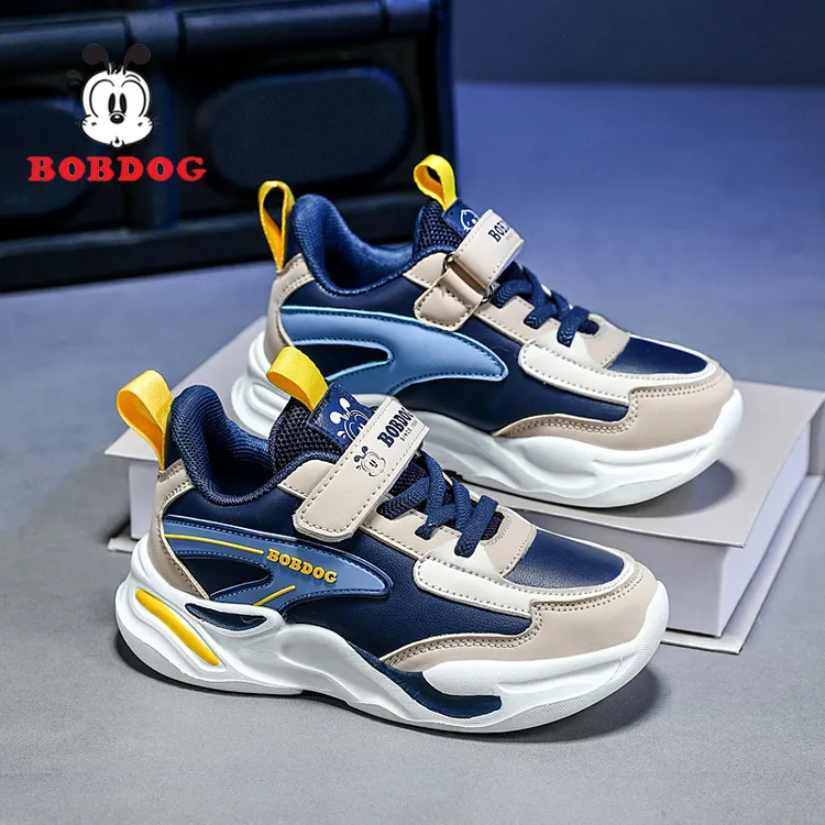 巴布豆童鞋男童春秋季透气儿童运动鞋2025款中大童防水皮面跑步鞋