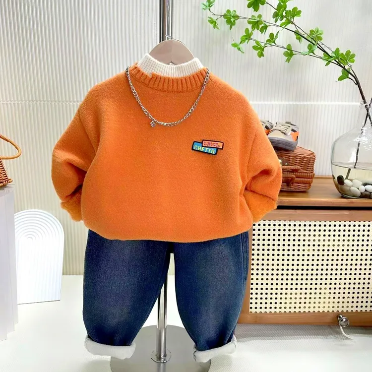 秋冬2025儿童纯色加绒毛衣洋气打底中大童加厚套头男女童针织衫