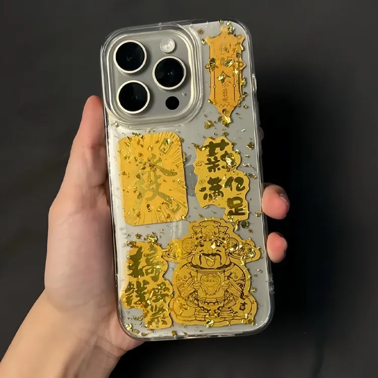 金箔滴胶搞钱财神爷适用苹果16/15/14pro手机壳13/12透明11男女款