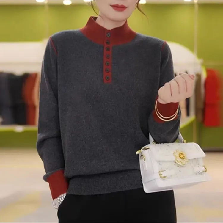 秋冬新款时尚撞色针织打底衫女士休闲百搭上衣宽松显瘦气质毛衣