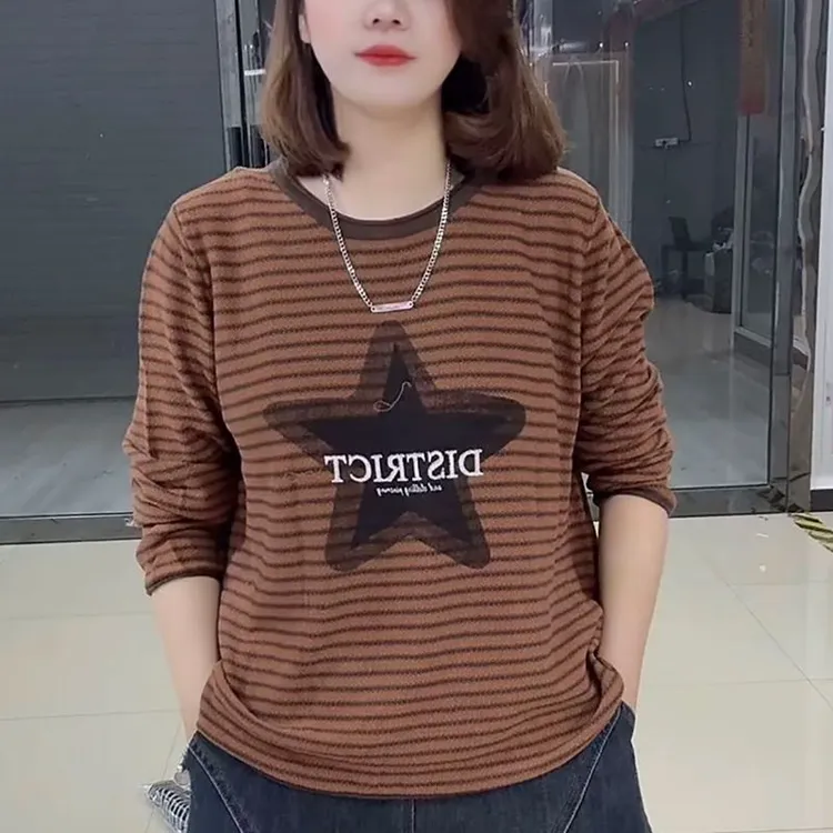 复古休闲条纹女士针织衫慵懒圆领时尚印花毛衣宽松显瘦打底上衣