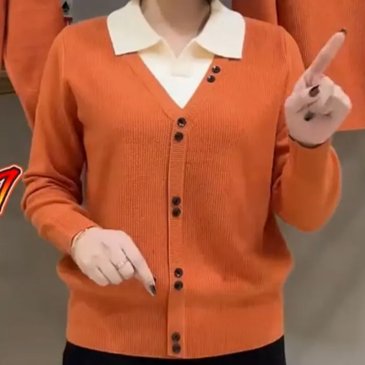 2024新款假两件翻领毛衣洋气时尚百搭上衣女士套头宽松针织打底衫