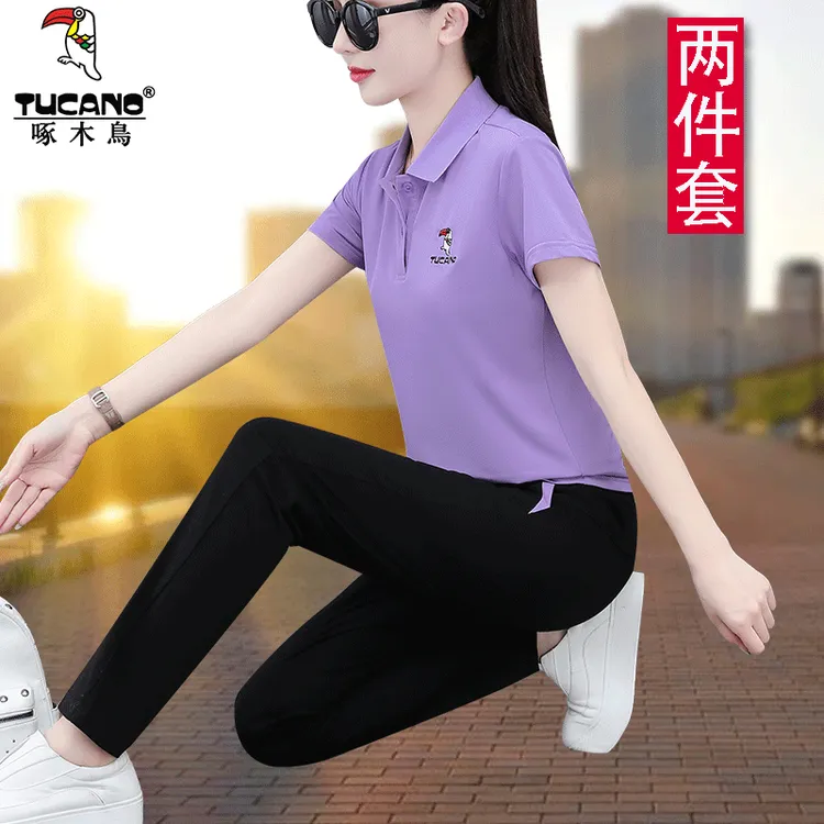 【官方正品】啄木鸟夏季Polo衫运动服套装女2023新款夏装两件套潮