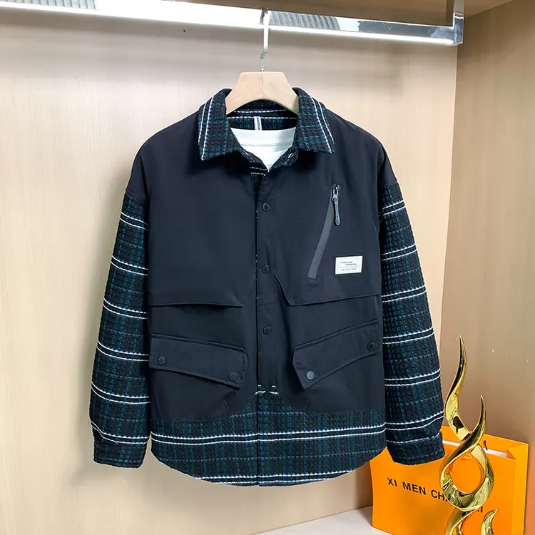 潮牌格子拼接假两件衬衫工装学生外套男秋冬季宽松休闲百搭夹克男