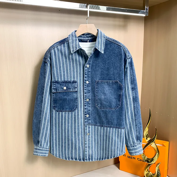 潮牌牛仔外套男春秋新款条纹衬衫拼接夹克痞帅宽松潮流休闲上衣服